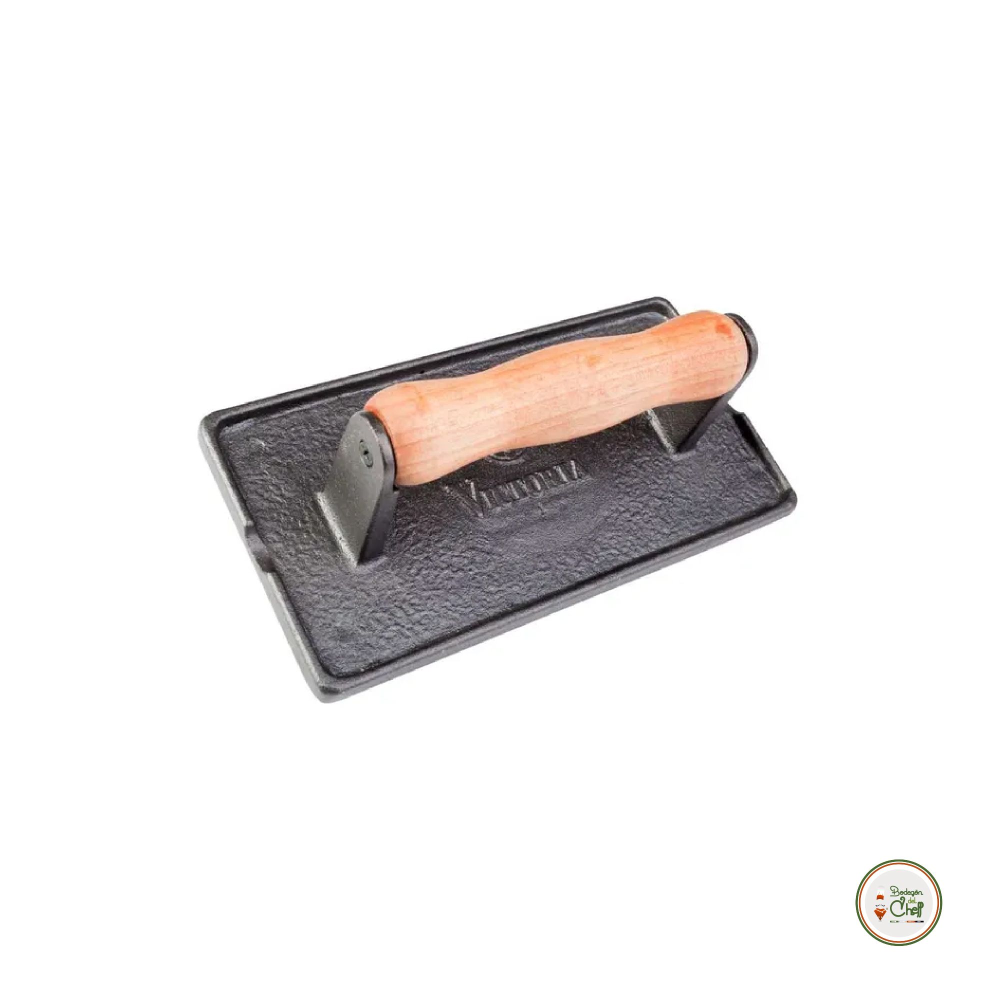 Prensa rectangular para carne de hamburguesa de hierro fundido con agarradera de madera