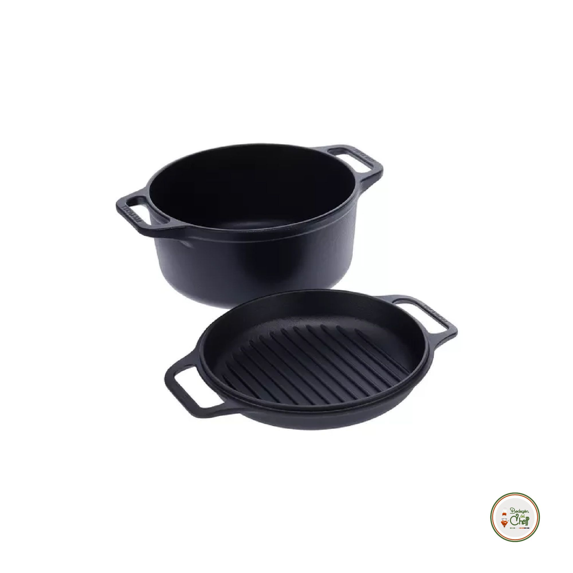 Combo de olla holandesa y una tapa que funciona como asador de la marca Victoria n fondo blanco